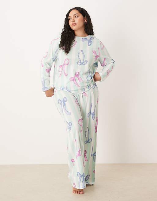 ASOS DESIGN Curve Christmas Bow Long Sleeve Top & Trouser Pyjama Set In Blue Stripe