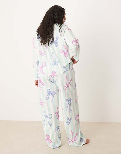 ASOS DESIGN Curve Christmas Bow Long Sleeve Top & Trouser Pyjama Set In Blue Stripe