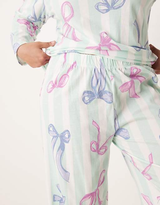 ASOS DESIGN Curve Christmas Bow Long Sleeve Top & Trouser Pyjama Set In Blue Stripe