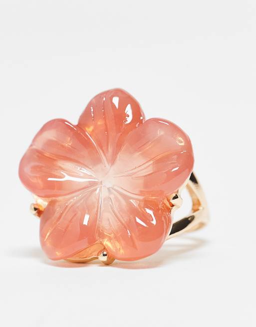 ASOS DESIGN Curve Hibiscus Flower Ring In Pink Resin And Gold Tone