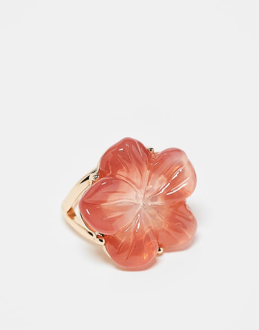 ASOS DESIGN Curve hibiscus flower ring in pink resin and gold tone