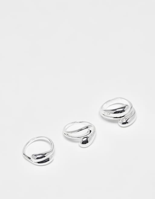 ASOS DESIGN Curve multi-pack of rings with bubble wavy design in silver tone