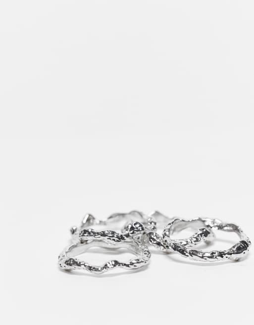 ASOS DESIGN Curve Pack Of 4 Stacking Rings In Hammered Design In Silver Tone