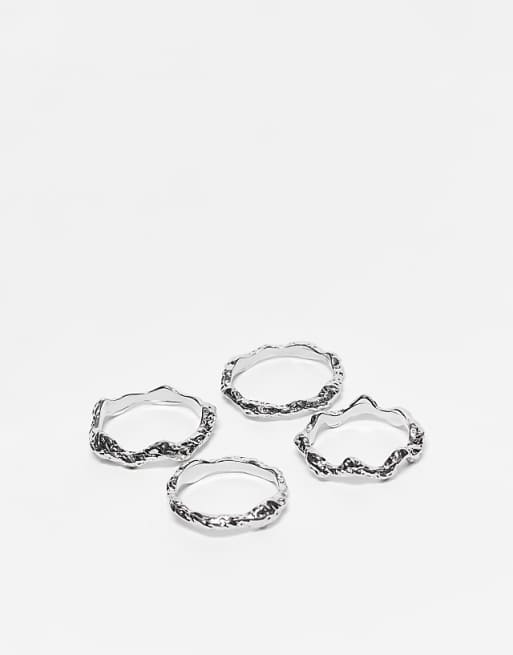 ASOS DESIGN Curve pack of 4 stacking rings in hammered design in silver tone