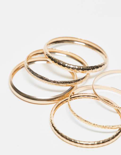 ASOS DESIGN Curve Pack Of 6 Bracelets In Mixed Hammered Design In Gold Tone