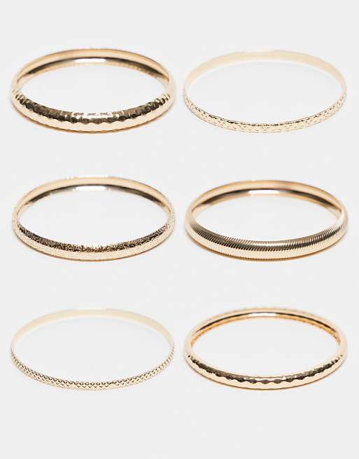 ASOS DESIGN Curve pack of 6 bracelets in mixed hammered design in gold tone