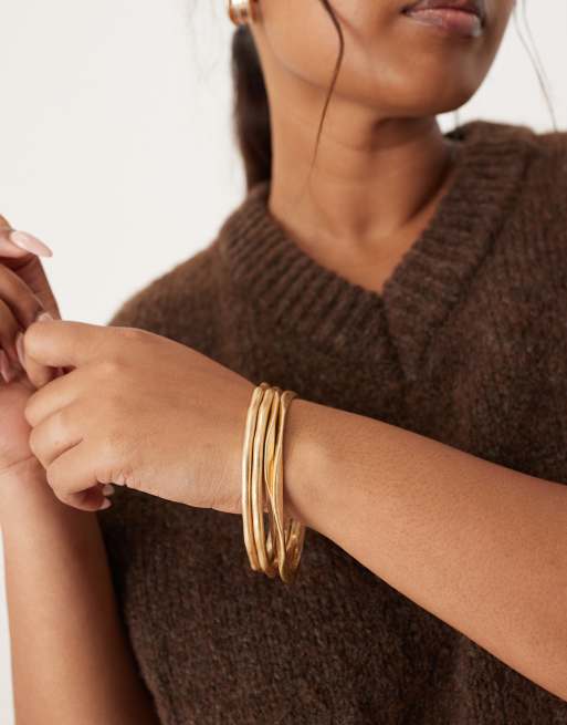ASOS DESIGN Curve Pack Of Bangles With Molten Design In Brushed Gold