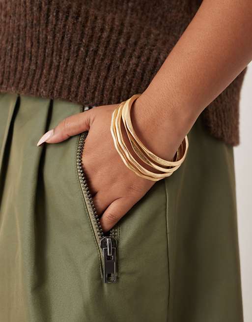 ASOS DESIGN Curve pack of bangles with molten design in brushed gold