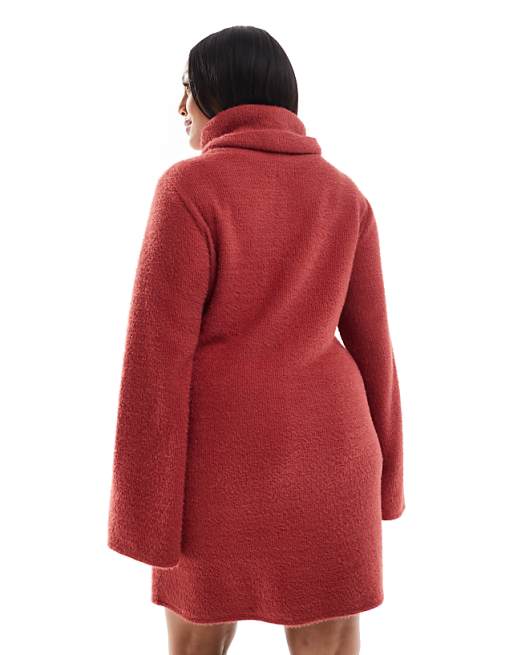 ASOS DESIGN Curve Supersoft Fluffy Roll Neck Mini Jumper Dress Rust