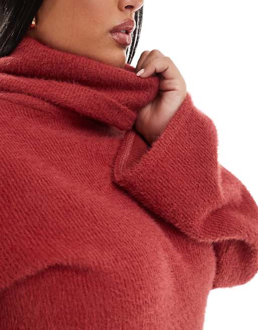 ASOS DESIGN Curve Supersoft Fluffy Roll Neck Mini Jumper Dress Rust