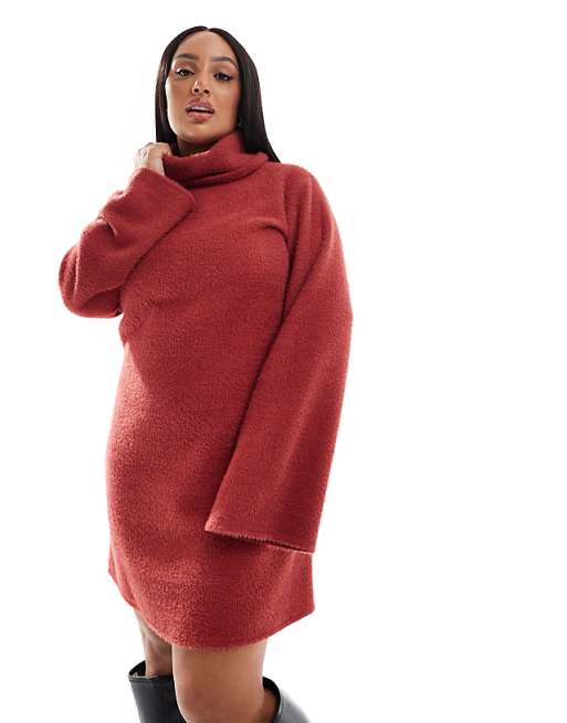 ASOS DESIGN Curve Supersoft Fluffy Roll Neck Mini Jumper Dress Rust