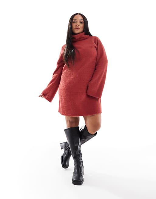 ASOS DESIGN Curve supersoft fluffy roll neck mini jumper dress rust