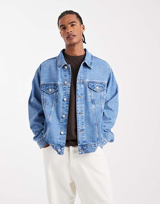 ASOS DESIGN denim trucker jacket in mid wash blue