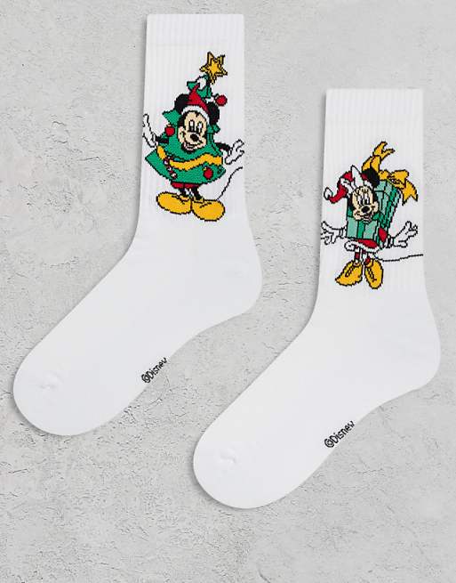 ASOS DESIGN Disney 2 pack socks with Christmas Mickey & Minnie graphic in white
