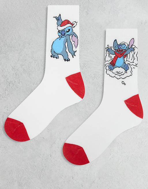ASOS DESIGN Disney 2 pack socks with Christmas Stitch graphic in white