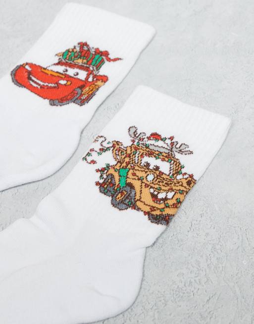 ASOS DESIGN Disney Pixar 2 Pack Socks With Christmas Cars Graphic In White