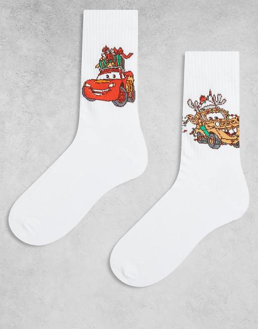 ASOS DESIGN Disney Pixar 2 pack socks with Christmas Cars graphic in white
