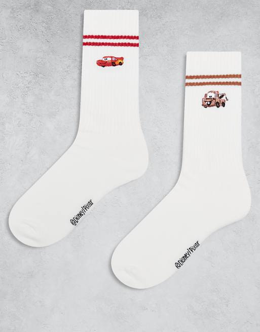 ASOS DESIGN Disney Pixar 2 pack socks with Mater and McQueen embroidery in white