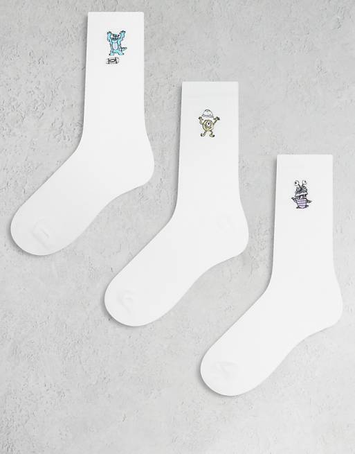 ASOS DESIGN Disney Pixar 3 pack socks Monster Inc embroidery in white