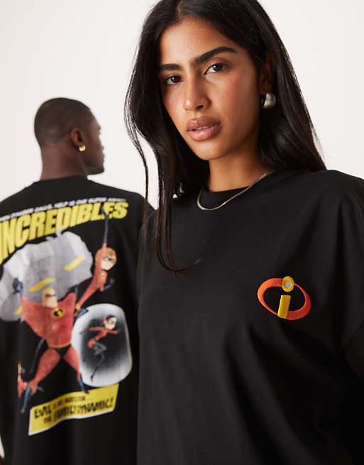 ASOS DESIGN Disney Pixar Unisex Oversized T-shirt With The Incredibles Prints In Black