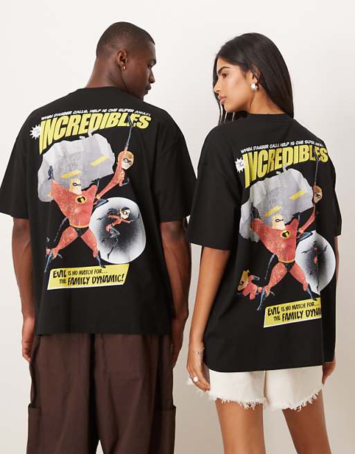 ASOS DESIGN Disney Pixar Unisex Oversized T-shirt With The Incredibles Prints In Black