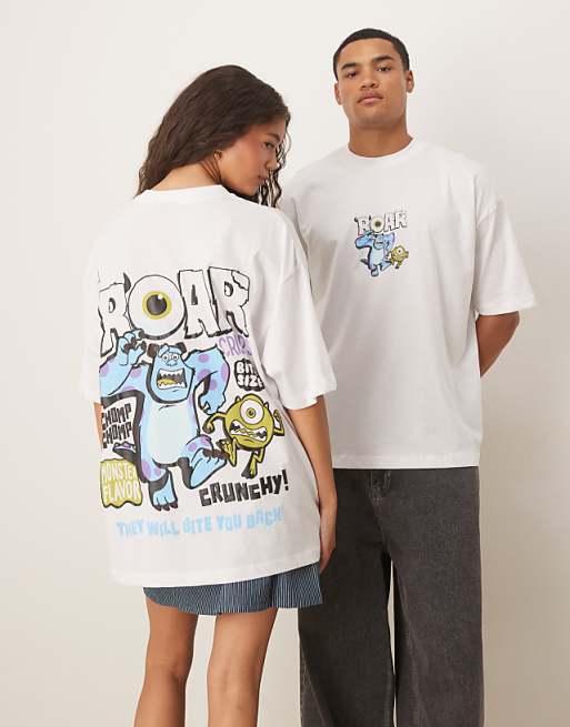 ASOS DESIGN Disney Pixar unisex oversized t-shirt with Monsters Inc print in white - WHITE