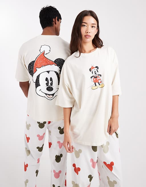 ASOS DESIGN Disney Pyjama Set With Christmas Mickey Mouse Graphic In Cream