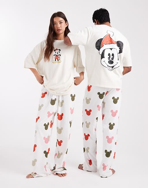 ASOS DESIGN Disney pyjama set with Christmas Mickey Mouse graphic in cream