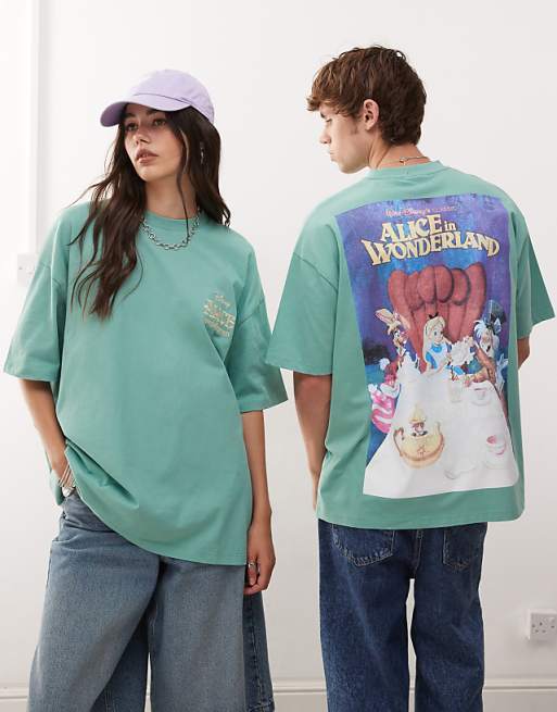 ASOS DESIGN Disney Unisex Oversized T-shirt With Alice In Wonderland Prints In Washed Green
