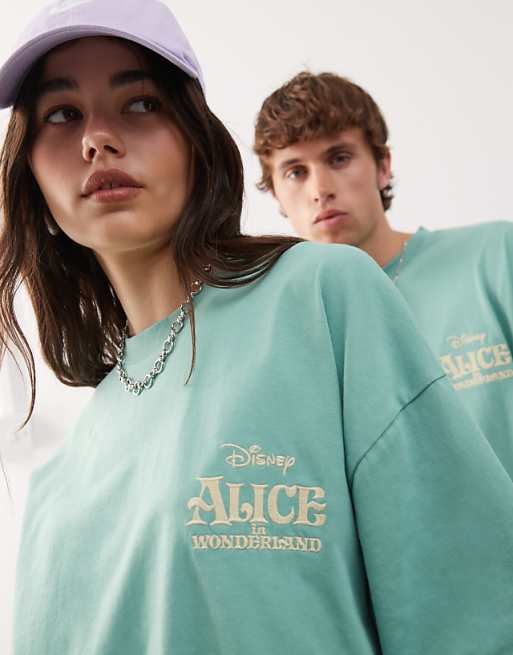 ASOS DESIGN Disney Unisex Oversized T-shirt With Alice In Wonderland Prints In Washed Green