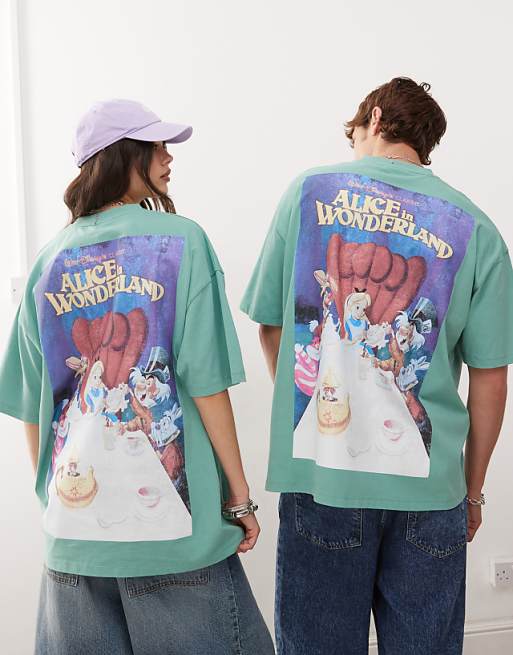 ASOS DESIGN Disney Unisex Oversized T-shirt With Alice In Wonderland Prints In Washed Green