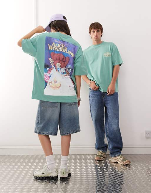 ASOS DESIGN Disney unisex oversized t-shirt with Alice In Wonderland prints in washed green