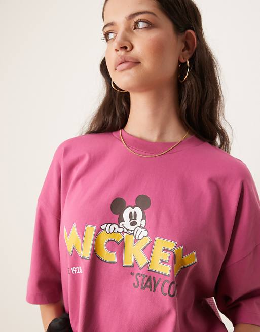 ASOS DESIGN Disney Unisex Oversized T-shirt With Mickey Mouse Prints In Pink