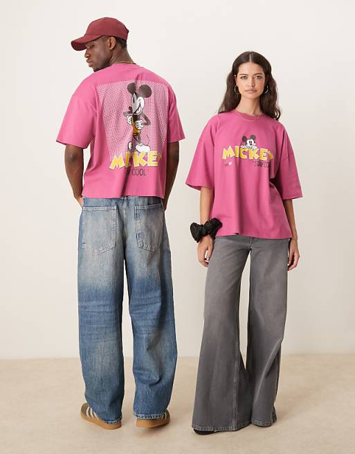 ASOS DESIGN Disney Unisex Oversized T-shirt With Mickey Mouse Prints In Pink