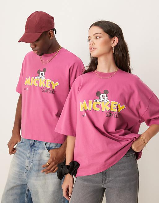 ASOS DESIGN Disney Unisex Oversized T-shirt With Mickey Mouse Prints In Pink