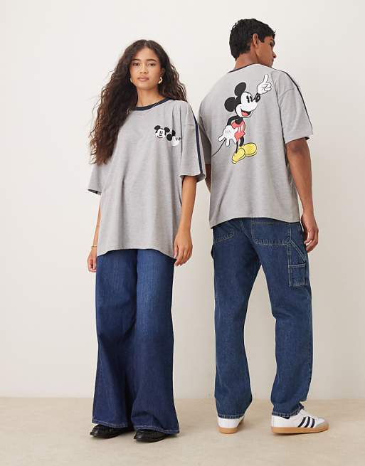 ASOS DESIGN Disney Unisex Oversized T-shirt With Mickey Mouse Prints In Grey