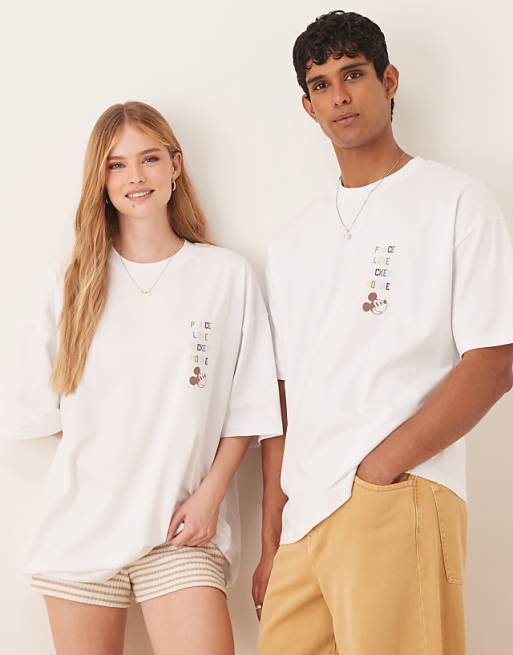 ASOS DESIGN Disney Unisex Oversized T-shirt With Mickey Mouse Text Prints In White