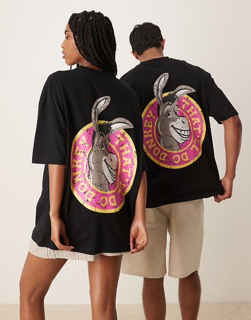 ASOS DESIGN Dreamworks Unisex Oversized T-shirt With Shrek Donkey Prints In Black
