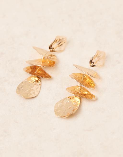 ASOS DESIGN Drop Earrings In Hammered Layered Petal Design In Gold Tone