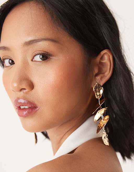 ASOS DESIGN drop earrings in hammered layered petal design in gold tone