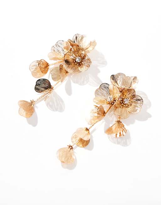 ASOS DESIGN Drop Earrings With 3D Floral Design In Gold Tone