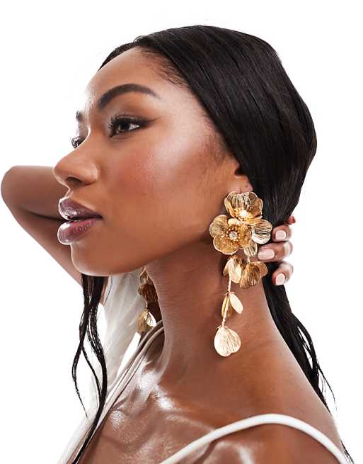 ASOS DESIGN Drop Earrings With 3D Floral Design In Gold Tone