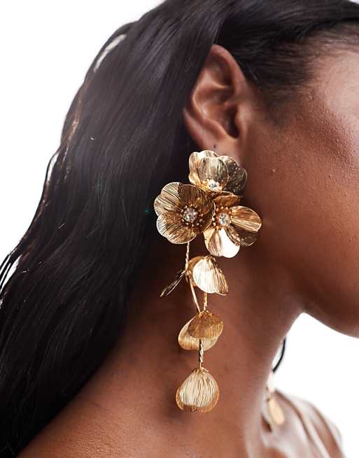 ASOS DESIGN Drop Earrings With 3D Floral Design In Gold Tone