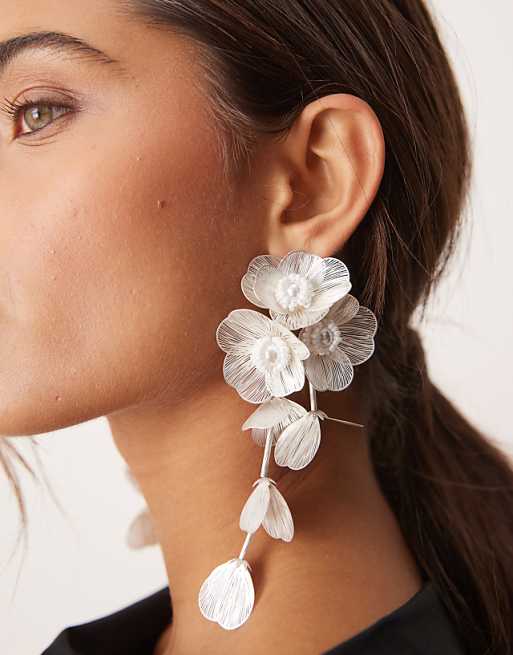 ASOS DESIGN drop earrings with 3D floral design in pearl white tone