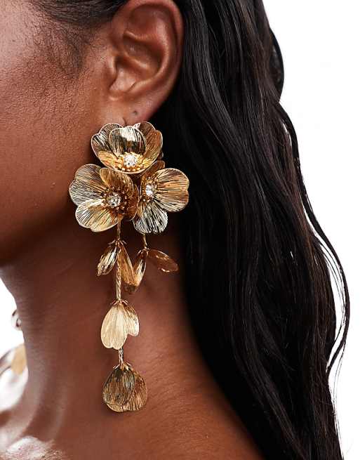 ASOS DESIGN drop earrings with 3D floral design in gold tone