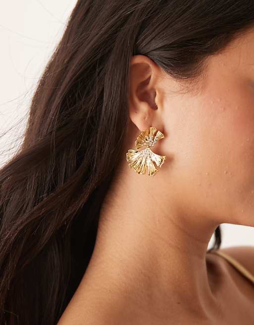 ASOS DESIGN drop earrings with crystal and textured leaf design in gold tone