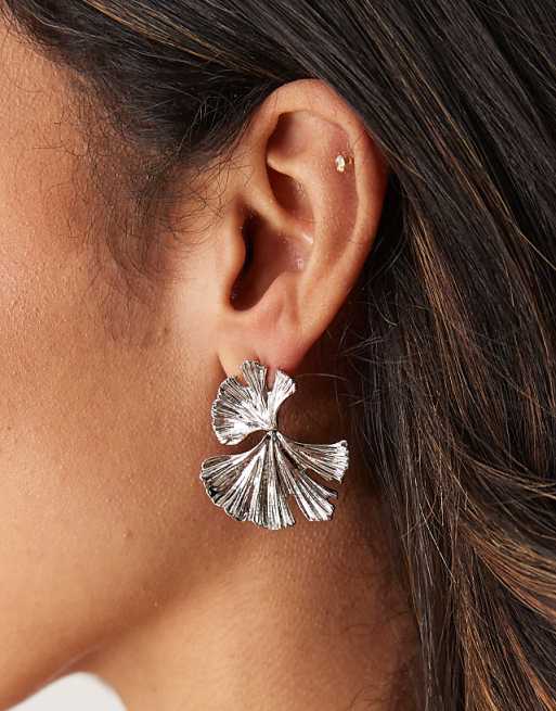 ASOS DESIGN drop earrings with textured leaf design in silver tone