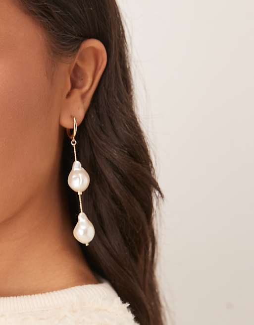 ASOS DESIGN drop hoop earrings with faux freshwater pearl drops in gold tone