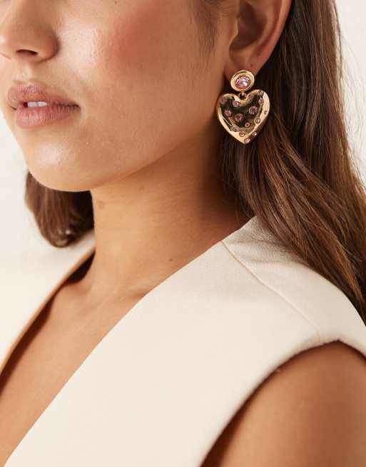 ASOS DESIGN Earrings In Heart Design With Pink Crystal Embellishment In Gold Tone