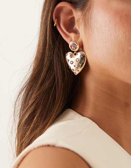 ASOS DESIGN earrings in heart design with pink crystal embellishment in gold tone